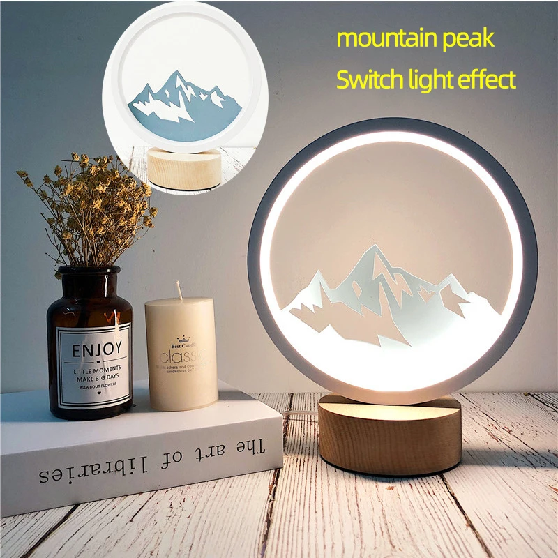 

New round hollow pattern cartoon light wooden base ring light flamingo pig fruit pattern night light home decoration