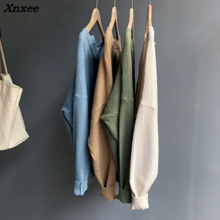 Xnxee Autumn Knitted Pullover Chic Solid V Neck Knitting Femme Harajuku Loose Women Khaki Blue White Sweater Pullover Jumper Xnxee Autumn Knitted Pullover Chic Solid V Neck Knitting Femme Harajuku Loose Women Khaki Blue White Sweater Pullover Jumper