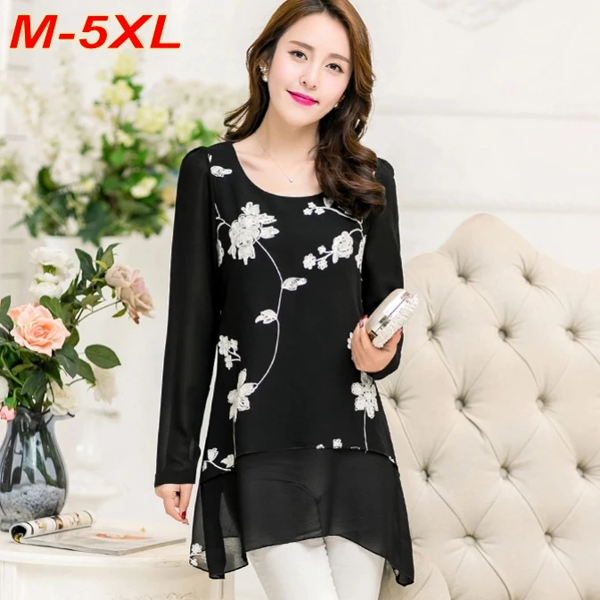 M-5XL размера плюс, женская блузка, шифоновая длинная рубашка, кружевная вышивка, свободные топы, цветочный рисунок, осень, длинный рукав, blusas femininas T59019
