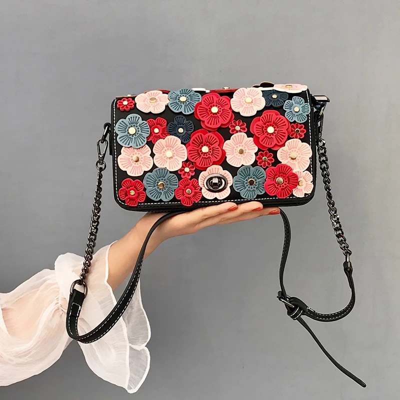 

2018 Women Handbags PU Leather Three-dimensional Multicolour Flowers Chains Camellia Lady Hand Bag Flap Shoulder Crossbody Bags