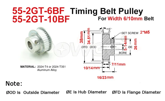 POWGE 55 зубов 2GT зубчатый шкив Bore5/6/6,35/8/10/12/14 мм подходят Вт = 6/10 мм 2GT синхронного ремня 55 T 55 зубы шкив GT2 3D-принтеры