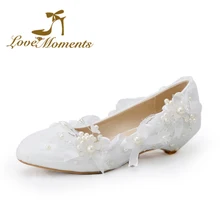 Liebe Momente Süßen niedrigen ferse Hochzeit Bridalshoes Spitze blumen Bogen Weiße perle perlen Hochzeit Kleid schuhe große größe 34-44