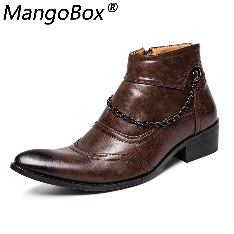 

Male Cowhide Boots Genuine Soft Leather Boots Pointed Toe Breathable Oxford Dress Shoes Men Boots Brown Black with Metal Chain