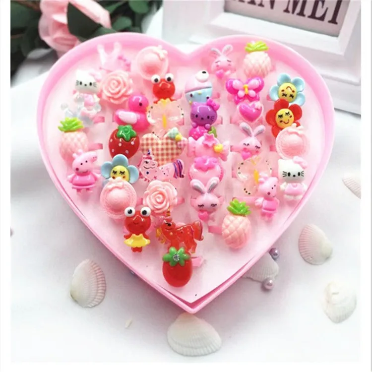  36pcs Mini Cartoon Candy Flower Kindergarten Little Girl Plastic Ring Set Pretend Play Beauty Fashi - 33001980751