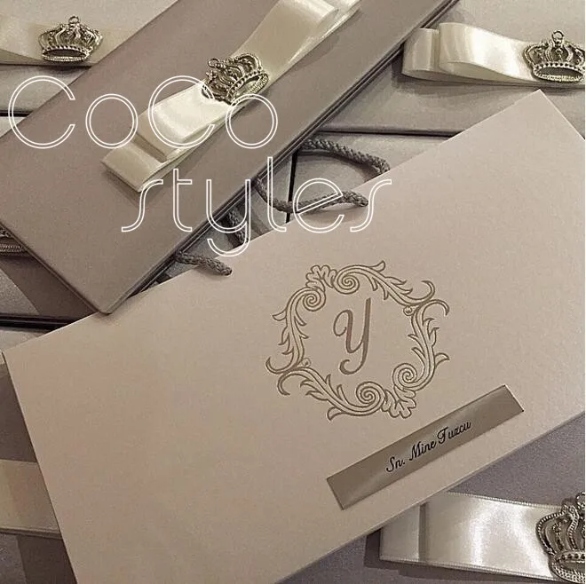  Cocostyles paper hard cover wedding invitation card with gold metal decoration and stain ribbon han - 32866062220