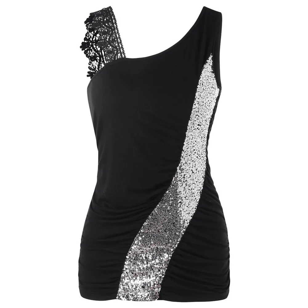 

Womens Fashion Lace Glittering Skew Collar Sequined Tank Tops Sleeveless Vest Ladies Streetwear Crop Top regata feminina