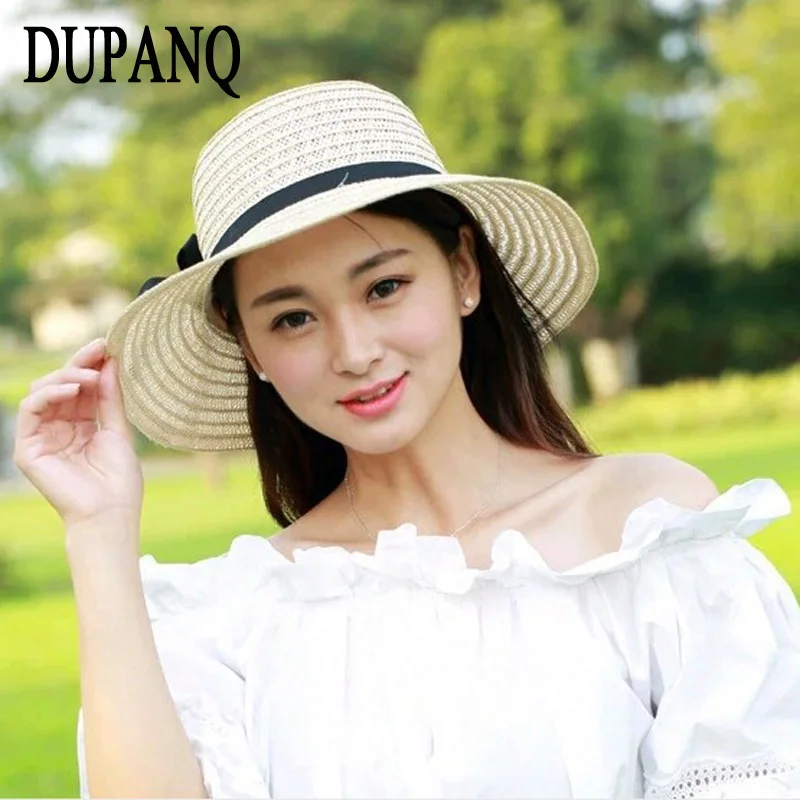 

DUPANQ Hot Sale Women Bowknot Large Brim Straw UV Protection Dome Hat Summer Panama Cap Beach Hat New Chapeu Feminino