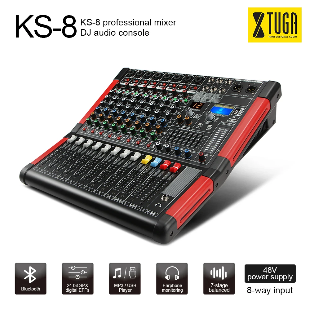 XTUGA KS-8 8-ми канальный аудио микшер звуковая карта с цифровым дисплеем MP3 Распознавание отпечатков пальцев, Bluetooth, EQ, эффектами для сцены Kraoke Применение для DJ, вечерние