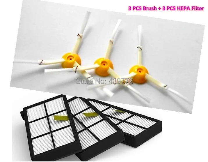 

6 Pieces Replacement 3*3 Armed Side Brush 3* HEPA filter for iRobot Roomba 800 900 Vacuum Cleaners for roomba 870 880 Parts Kit