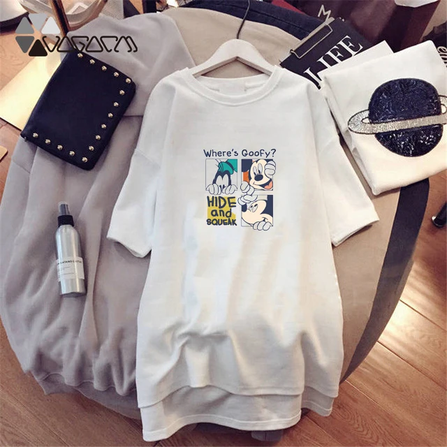 

Summer Women Dresses Goofy Mickey Mouse Cartoon Print Casual Loose White Mini Women Clothes Big Size Streetwear Dress