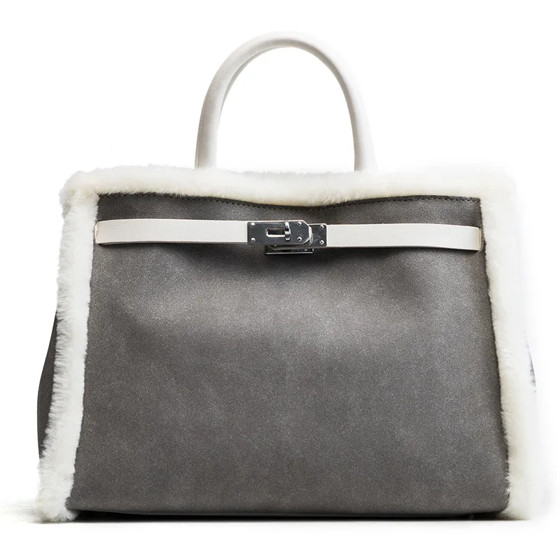 Женская зимняя новая милая сумка-тоут с замком из меха норки, плюшевая сумка, теплая сумка через плечо, повседневная сумка-тоут - Цвет: Светло-серый