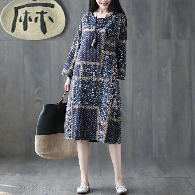 

New ZANZEA Vintage Floral Printed Dress Women Autumn Long Sleeve Kaftan Vestido Femme Robe Party Cotton Linen Sundress Plus Size