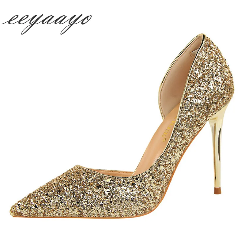 

2019 New Spring Women Pumps High Thin Heel Pointed Toe Shallow Fretwork Sexy Bling Bridal Wedding Women Shoes Gold High Heels