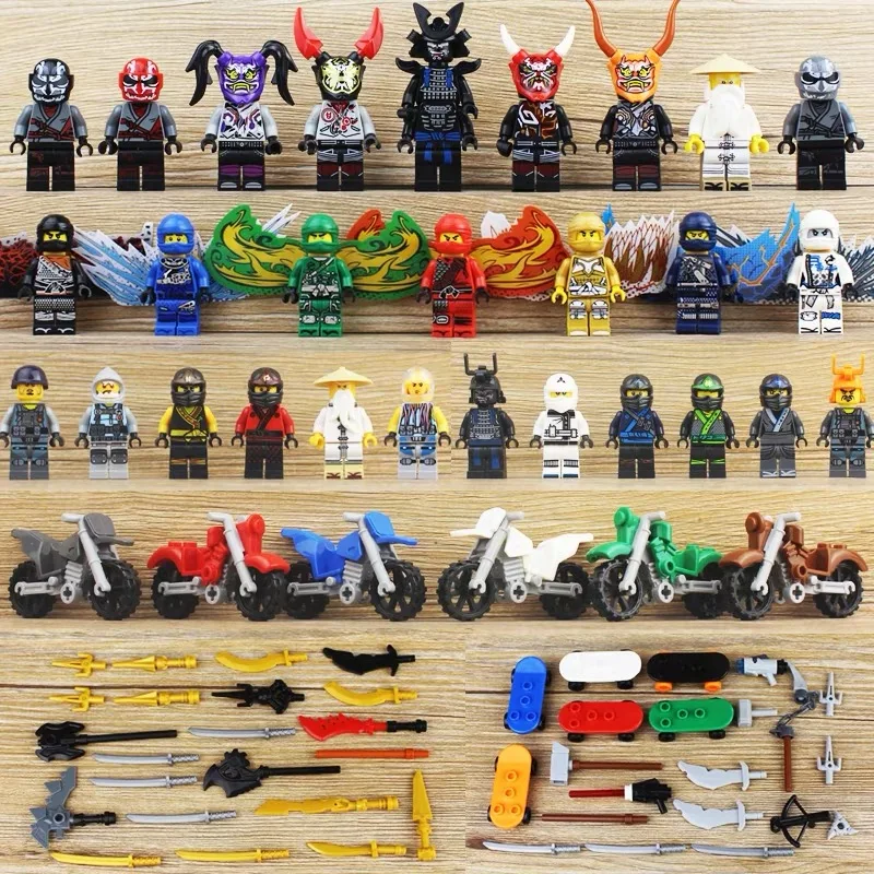

LegoING Ninjagoed 28pcs Figures with Moto Weapons Masters of Spinjitzu Garmadon Ninja Wing Lioyd Snake Building Blocks Kid Gift