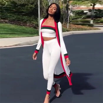 

Fashion White Striped 3 Pieces Set Long Bandage Coat Bodycon Pants White Short Top Celebrity Party Women Sets Clothes Wholesale