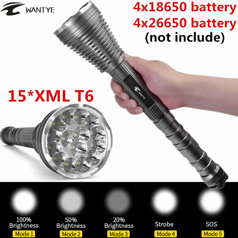 

30000Lumens 15*XML T6 LED Flashlight Torch 5 Modes Self Defense Police Tactical Flash light lantern For 4x18650 Battery