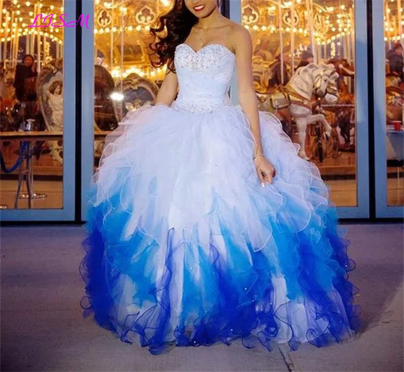 Милая бальное платье из бисера Quinceanera платья этаж Длина платья из органзы для выпускного вечера Узелок оборками Вечерние Платья de 15 anos