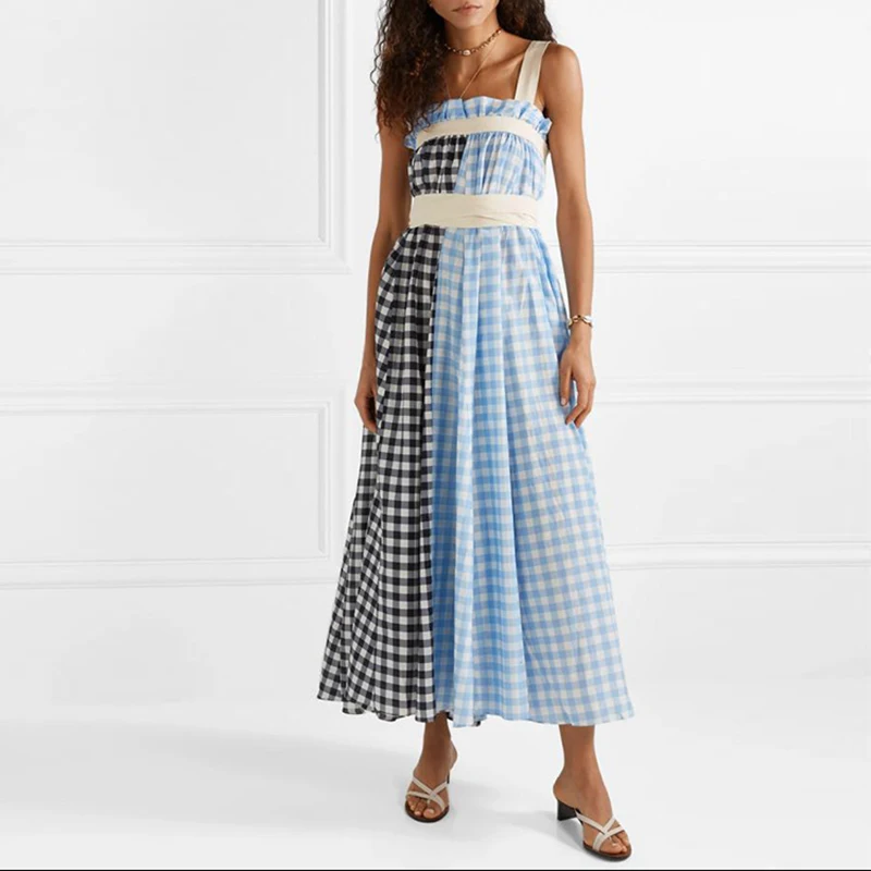 

TOP QUALITY Paris Fashion 2019 Runway Designer Dress Women's Spaghetti Strap Color Block Plaid Dress