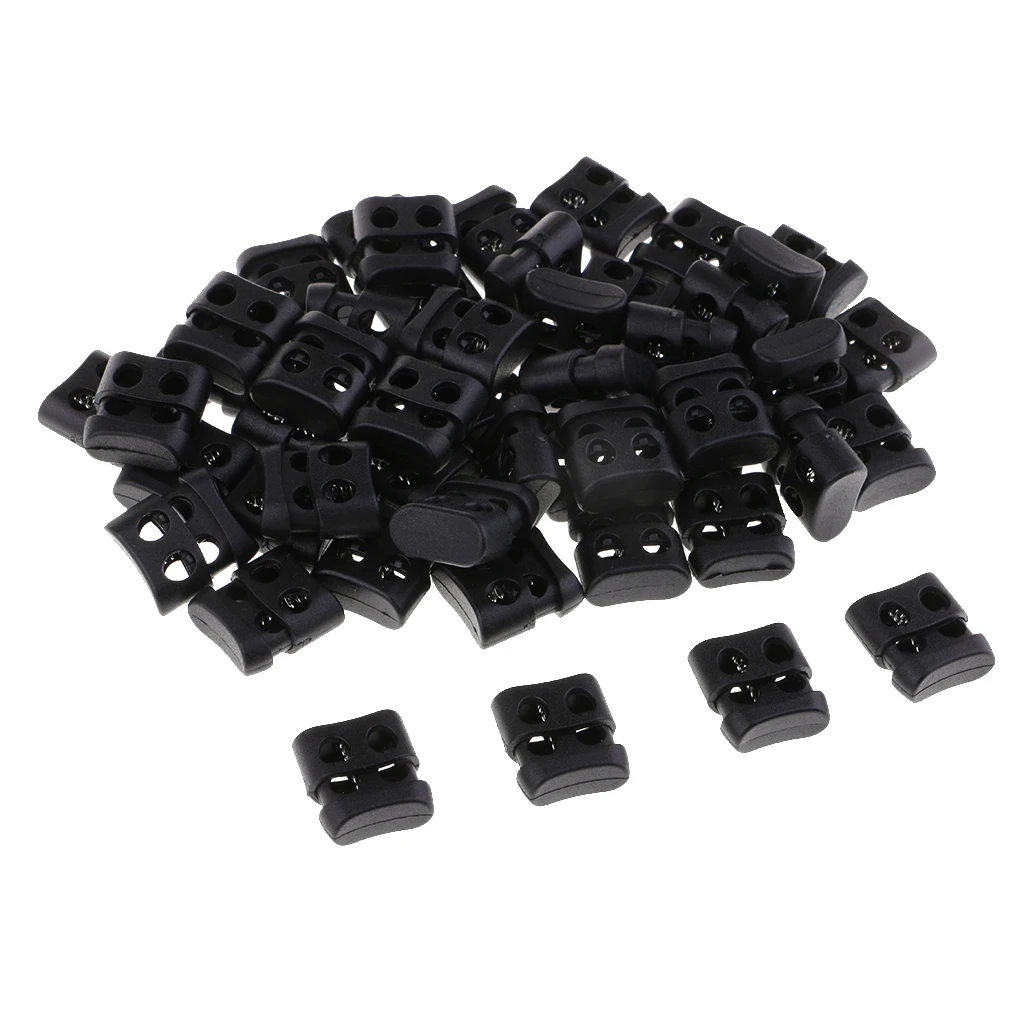 fityle 50pcs Black Plastic Non-slip Double Hole String Cord Locks for Shoelace Bags Pants Hole Diameter 4mm