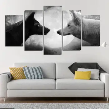 

Frameless 5 Piece Artwork Black and White Double Wolf Under The Moon Painting Canvas Living Room Decor Pictures for Home Decor