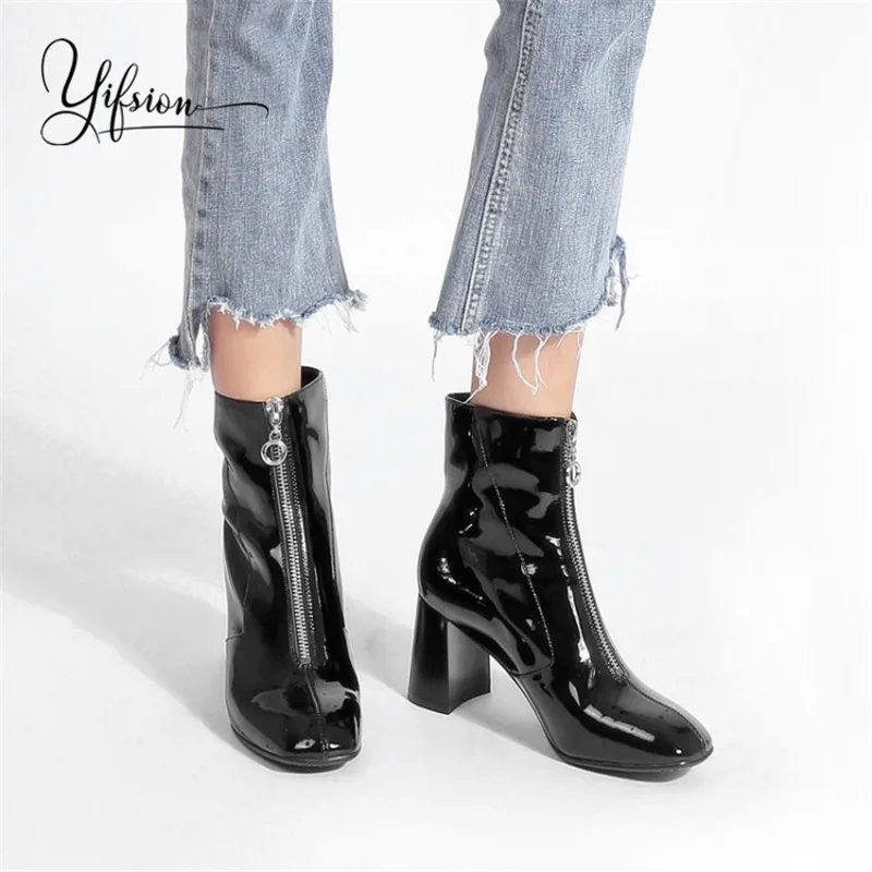 YIFSION/Новые модные черные женские ботильоны из лакированной кожи с квадратным носком, на молнии спереди, на высоком массивном каблуке