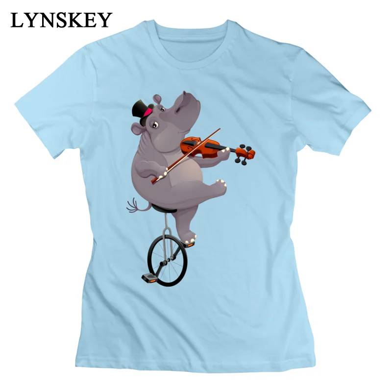 LYNSKEY 100% Cotton Tops Shirt Funny hippo on an unicycle for Women Slim Fit T-Shirt Funny Cute Crewneck Short Sleeve Clothing Shirt white