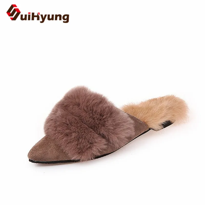 

Suihyung Winter Warm Fur Women Indoor Shoes Furry Sexy Pointed Toe Low Heels Shoes Female Plush Home Slippers Bedroom Flip Flops