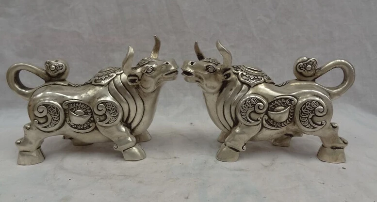 

JP S62 Folk Chinese Silver FengShui YuanBao Wealth Bull Ox Statue Pair Brass Animals