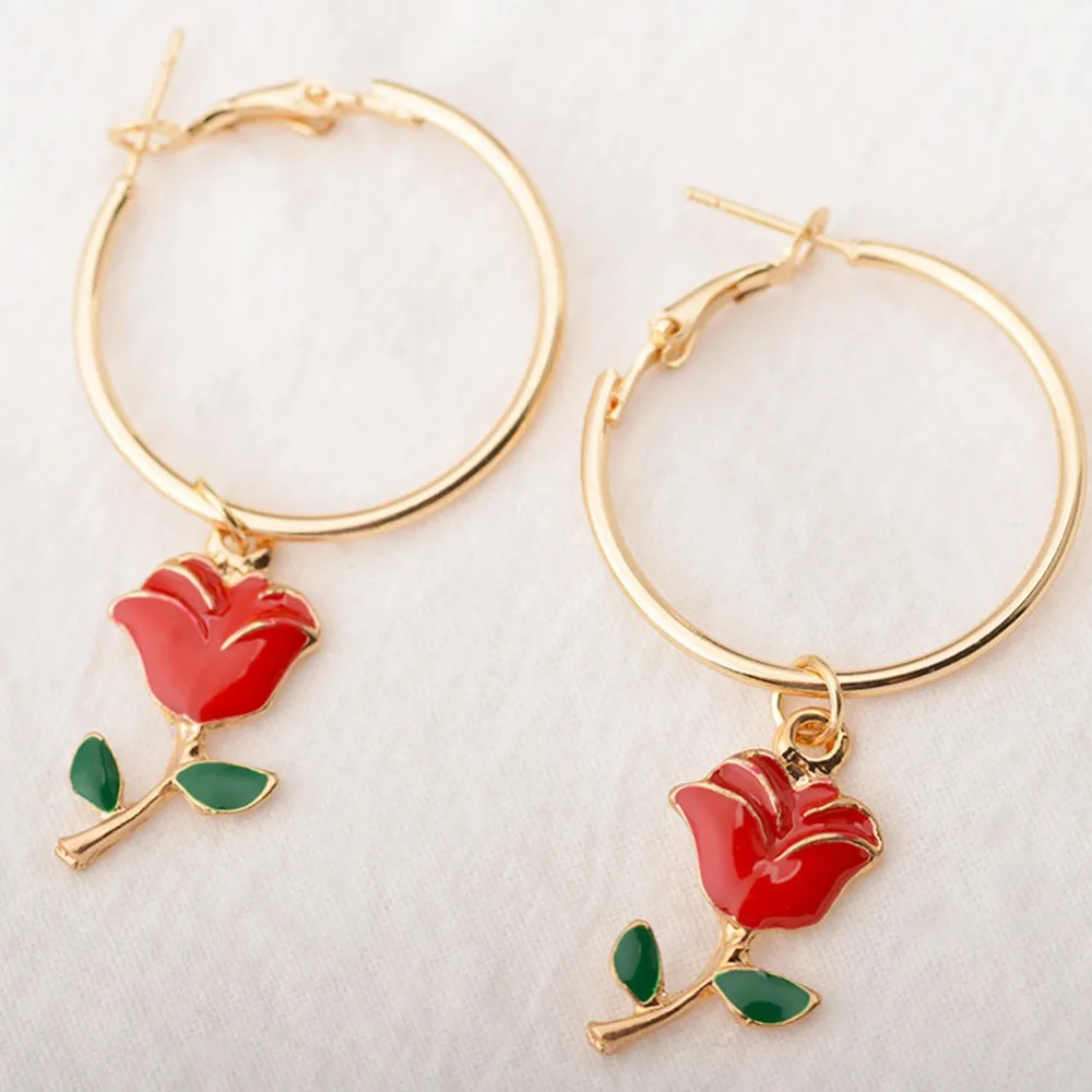 New Simple Flower Hoop Earrings Beautiful Circles Red Rose Pendant