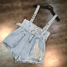 Новая мода лето тяжелый карман бриллиантовый бисер мыть воды Ковбой ремень шорты девушки студентов джинсовый комбинезон Комбинезоны