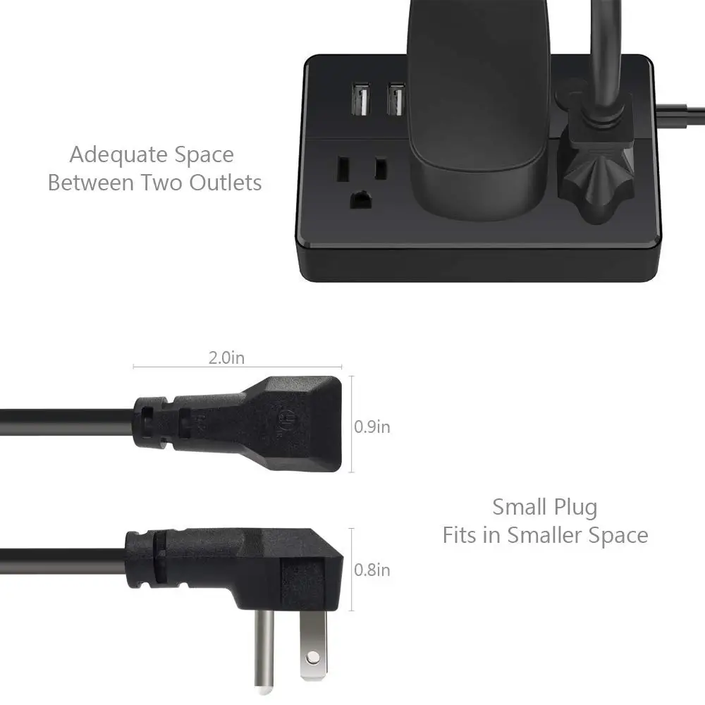 portable power strip with 3 outlet surge protector and 3 USB charging ports for bedside table, desktop, home, office, travel
