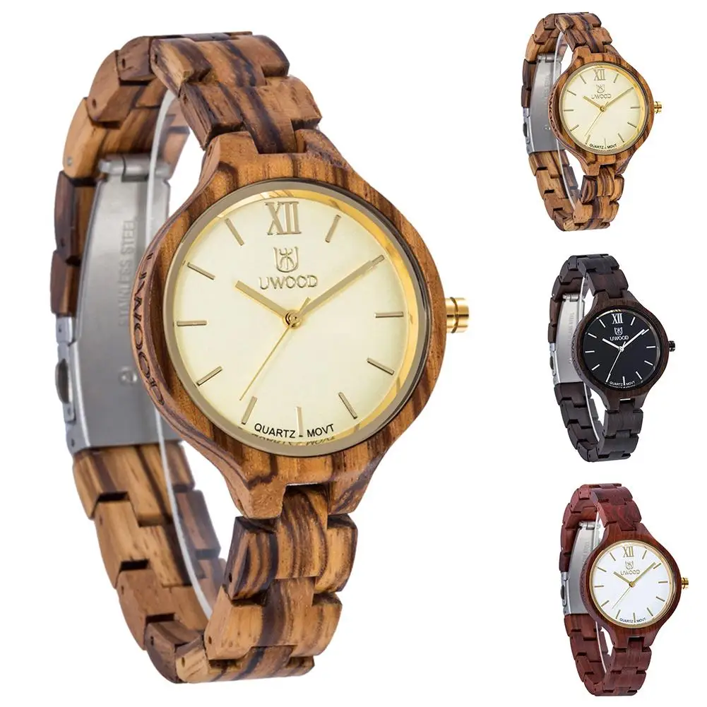 

Casual New Women Wooden Round Dial Linked Strap Analog Quartz Wrist Watch Gift