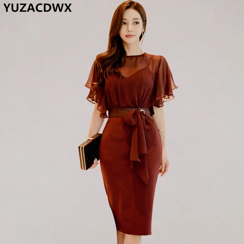 

2019 New Summer Runway Solid Color Chiffon Pencil Dress Through Bow Bandage Bodycon Dresses Slim Elegant Sexy Sheath Vestidos