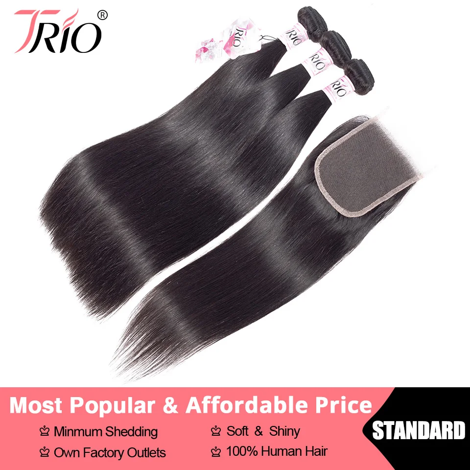

TRIO Brazilian Hair Straight 3 Bundles With Closure Human Hair Weave Bundles With Closure Lace Closure Human Hair Extension