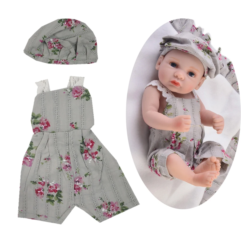 3 Pieces Comfortable Cotton Clothes Newborn Baby Rompers for 10-11inch Reborn Baby Girl Boy Doll Lace Strap Overalls Hat Carpet