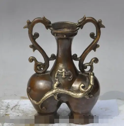 

S00741 9"Chinese fengshui bronze dragon beast bat statue Zun Cup Bottle Pot Vase Jar B0403