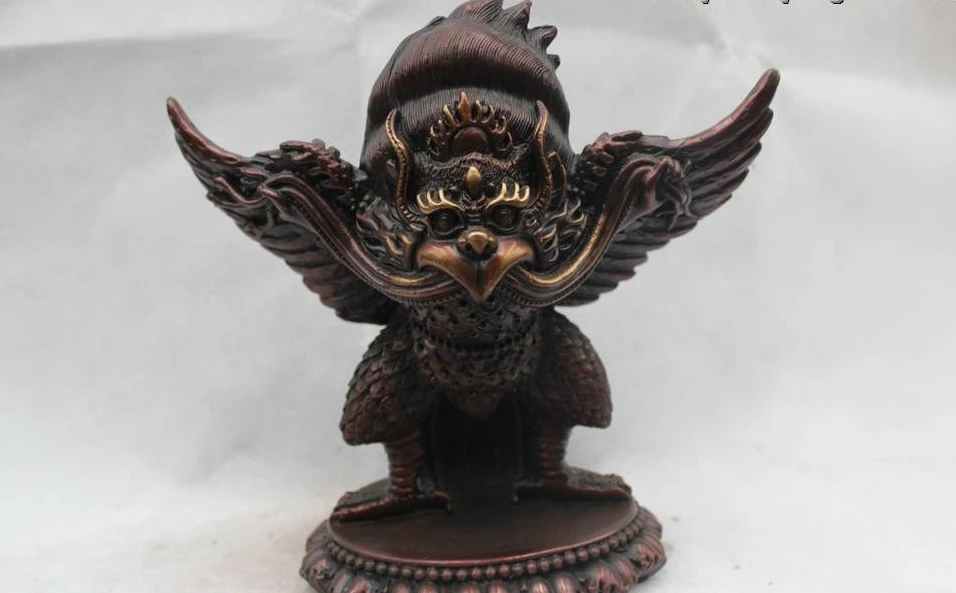 

9"China Tibet Tibetan Buddhism Red Bronze Stand Garuda Bird Buddha Statue