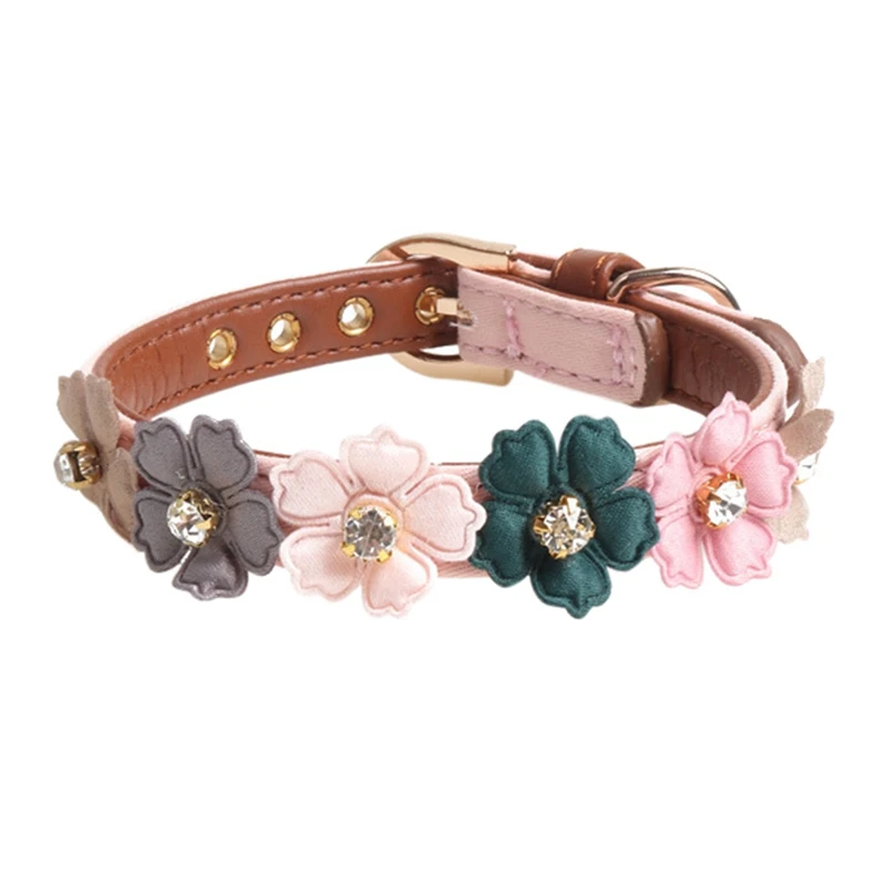 Dog Flower Collar Cute Shiny Diamonds Leather Dogs Necklaces Pet Adjustable Collars For Small Medium Dogs Chihuahua For puppy