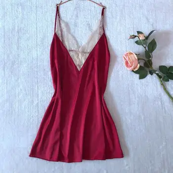 

Summer Sexy Lace Trim Sleepwear Spaghetti Strap Home Shirt Casual Satin Nightdress Nightgown Summer Backless Negligee Lingerie