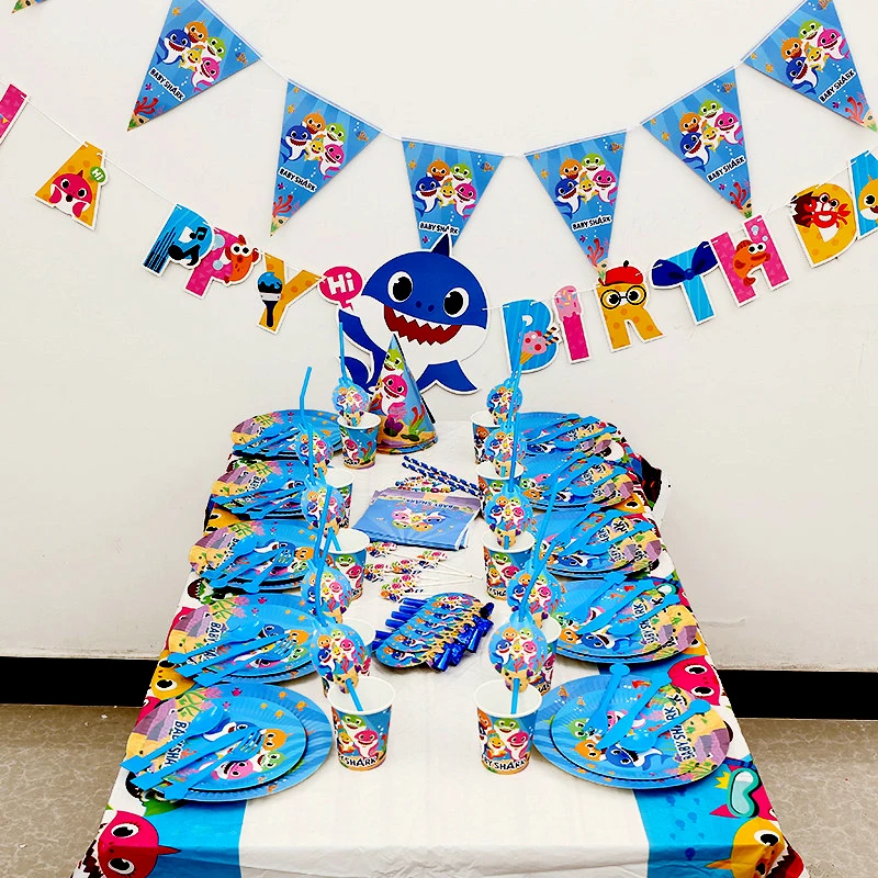 

124Pcs/set Baby Shark Party Decorations Disposable Tableware Paper Cup Plate Tissue Hat Baby Shower Kids Birthday Party Supplies