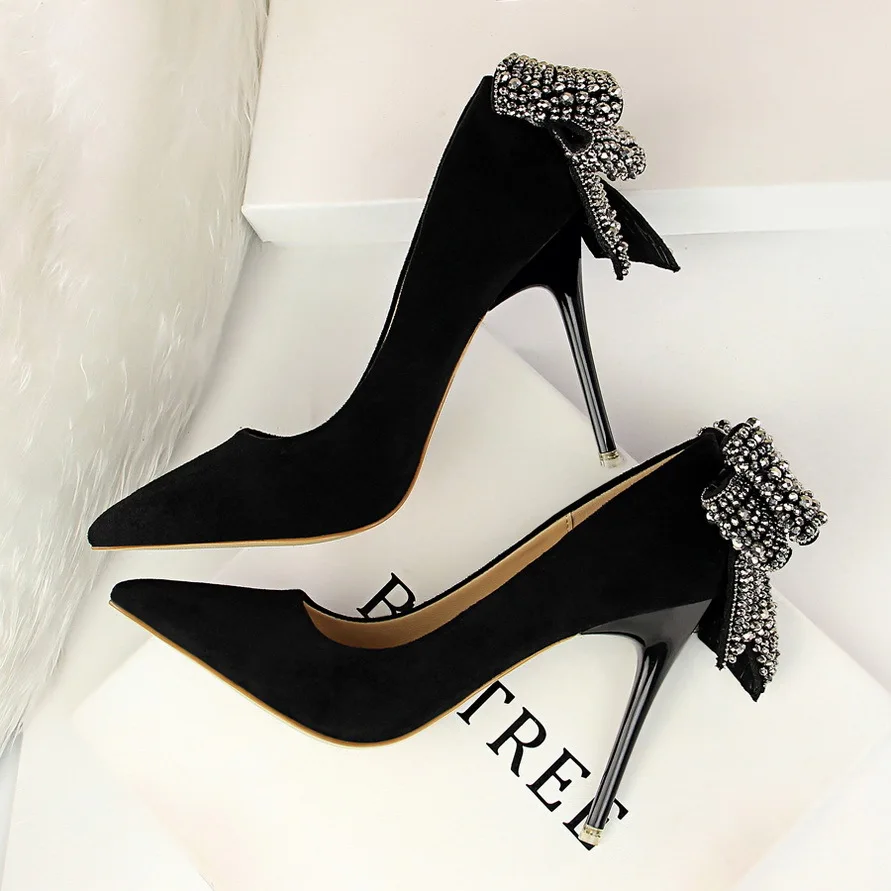

QSR 2019 fashion high heel women's shoes stiletto high heel suede shallow mouth pointed rhinestone bow single shoes