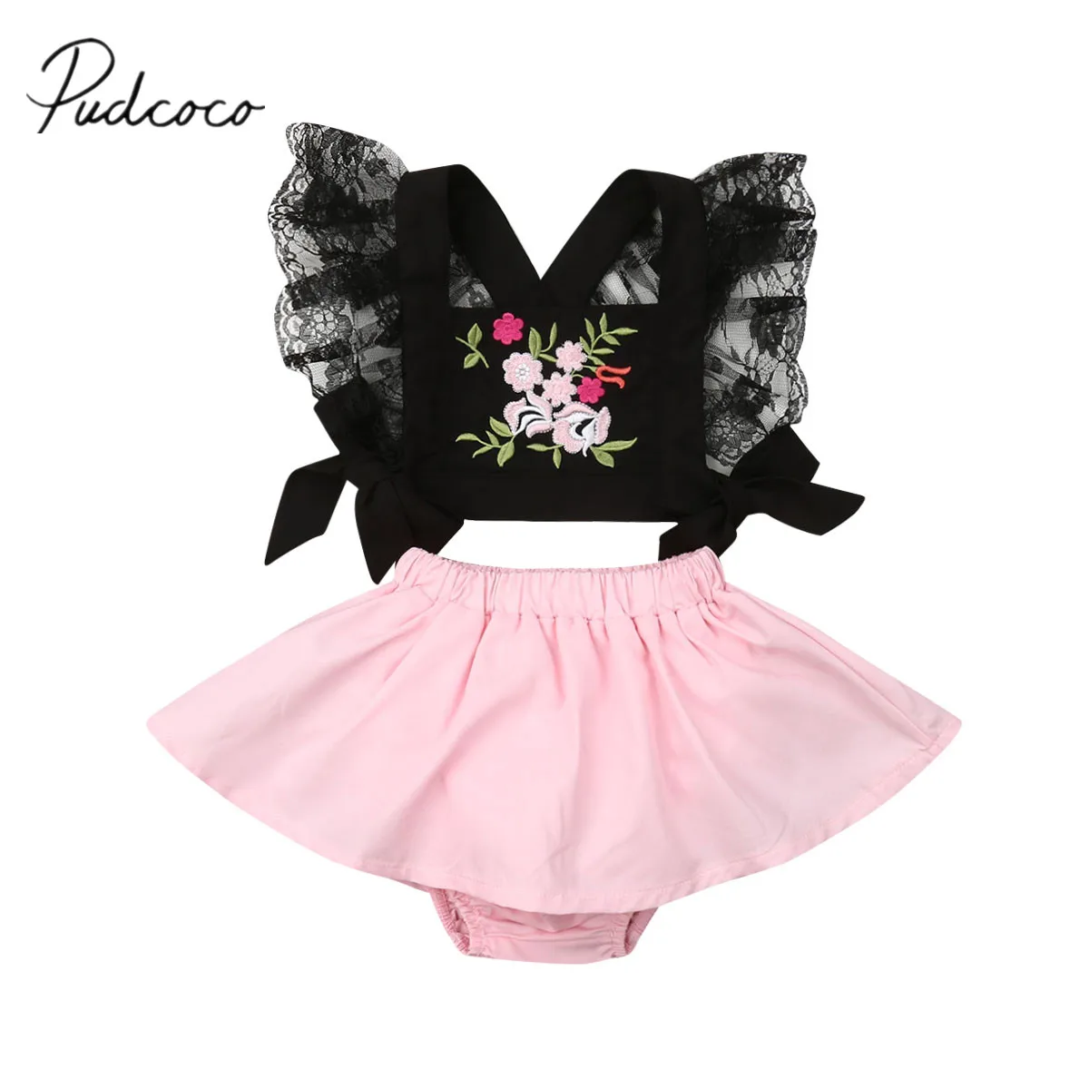 

2019 Baby Summer Clothing 1-4Y Toddler Kids Baby Girl Embroidery Floral Lace Backless Crops Tops Tutu Black Shorts Outfit Sets
