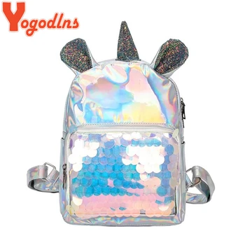 

Yogodlns Shiny Sequins Backpack For Teenagers Girl Cute Unicorn Ear Laser Backpacks Women Shoulder Bags Lady Mini Silver Daypack