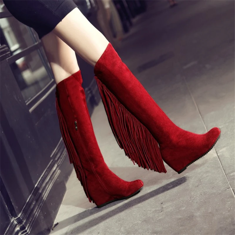 

Women's high-heeled Fringed boots Genuine Suede leather Wedge Heel Side zipper Longituba street style Knee high boots black red