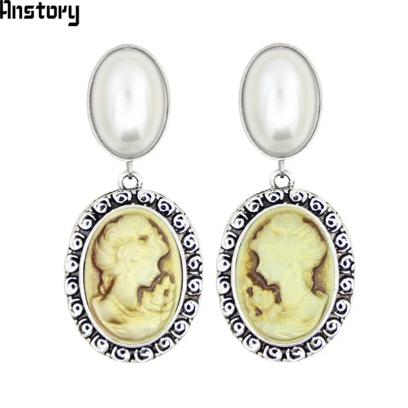 Oval Pearl Earrings Stud For Women Lady Queen Cameo Stud Vintage Look Antique Silver Plated Fashion Jewelry TE492 - Окраска металла: Brown