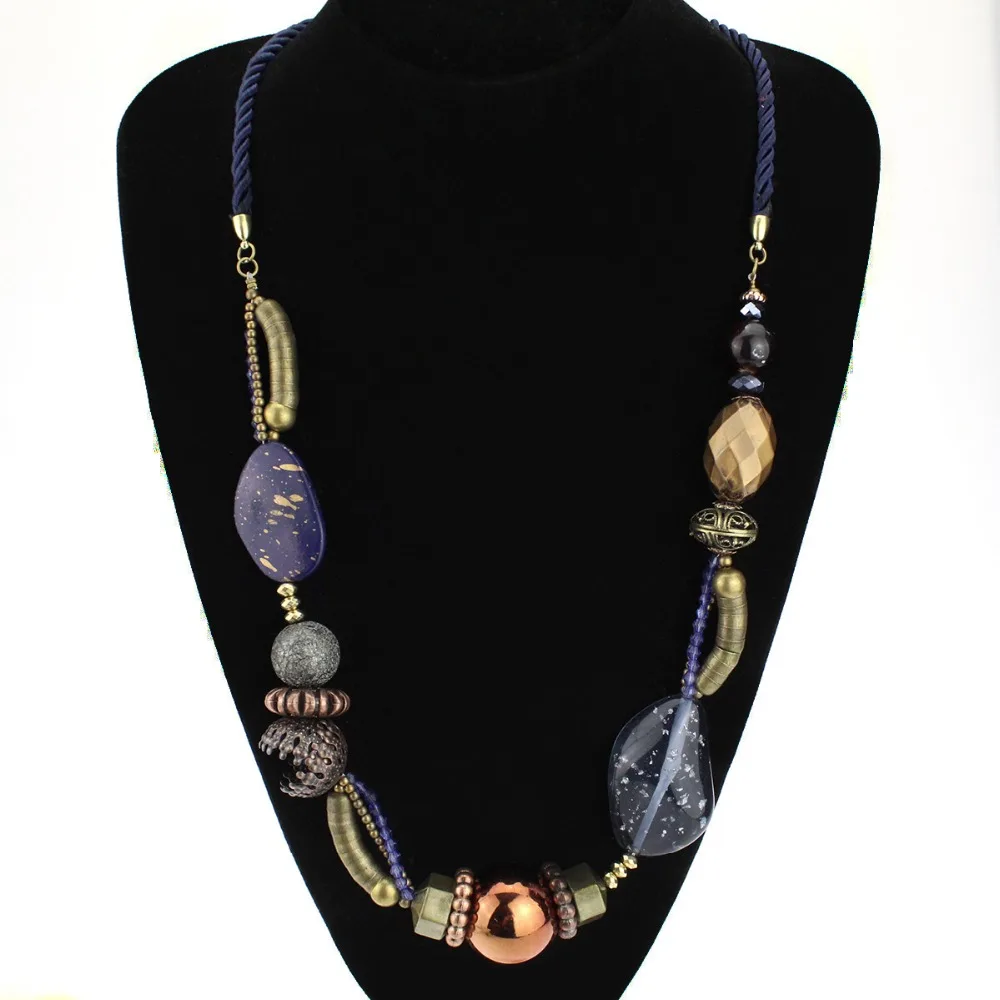 European Style Vintage Jewelry Necklaces Antique Bronze Navy Blue Rope Chain Necklace Acrylic