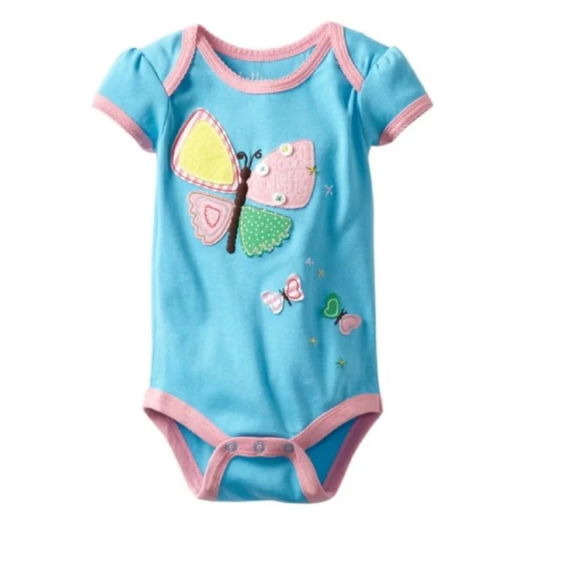 

Butterfly 12Month Baby Girls Bodysuits Short Sleeve One Piece 100% Cotton Blue Embroidery