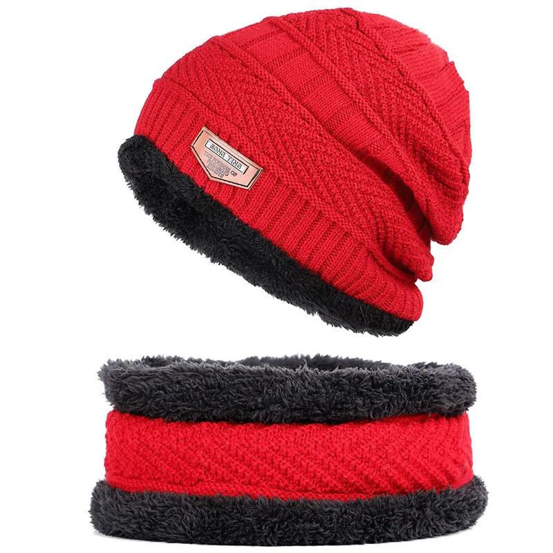 Модный зимний теплый вязаный мешок Шапка Лыжная Шапка Кепка шарф набор шапка-шарф для мальчиков и девочек - Цвет: Красный