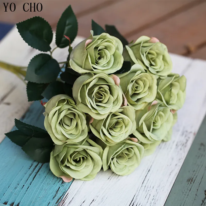 Йо Чо 12 глава искусственный роза Свадебный центральным рождественские украшения для дома шелк искусственный цветок Высокое качество поддельных цветок - Цвет: green