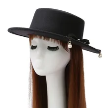 Новинка осенние и зимние версия тенденции вдоль плоским Top Hat г-жа Перл Имитация шерсти фетровая шляпа для женщин Шляпы фетровые для женщин